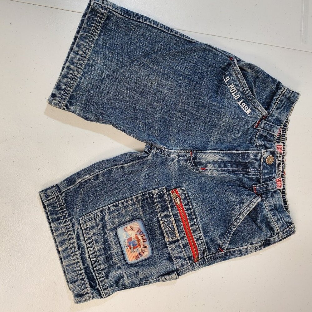 US Polo Assn Shorts Boys 3T Blue Denim Jean Cargo Red Zip Patch Adjustable Waist